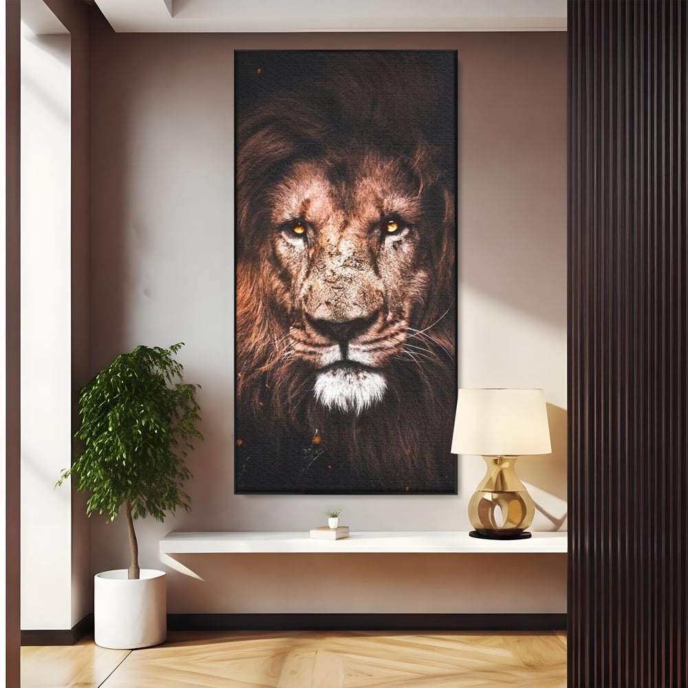 Tablou canvas cu tablou canvas cu leu, in rama de aluminiu negru